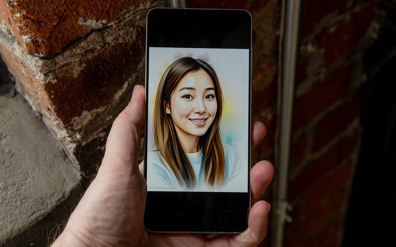 Galaxy S25 Edge de Samsung montrant le portrait modifié par IA.